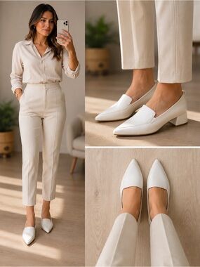 AEROSOLES Cream Pointed Toe Low Block Heel Loafers